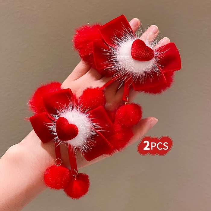 Cute Red Bow Plush Hair Ties