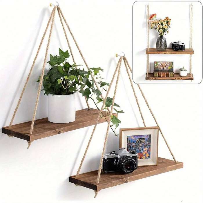 1pc Wooden Swing Hanging Hemp Rope Wall Shelve Mounted Floating Home Living Room Plant Flower Pot Tr