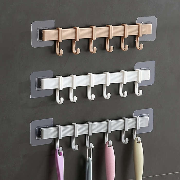 1 Set Adjustable Kitchen Storage Rack with 6 Wall Hooks