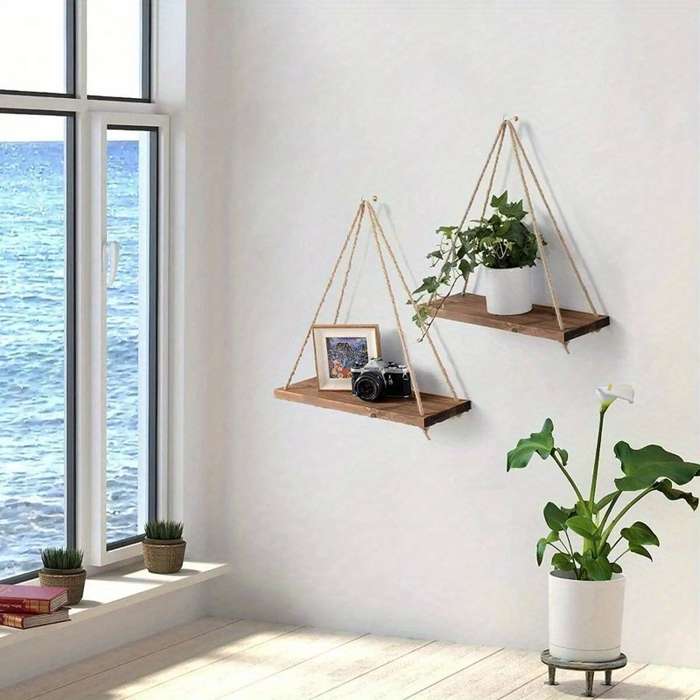 1pc Wooden Swing Hanging Hemp Rope Wall Shelve Mounted Floating Home Living Room Plant Flower Pot Tr
