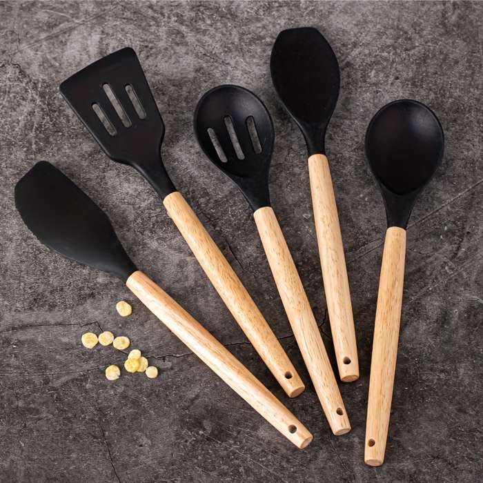 5pcs Silicone Kitchen Utensil Set with Wooden Handles