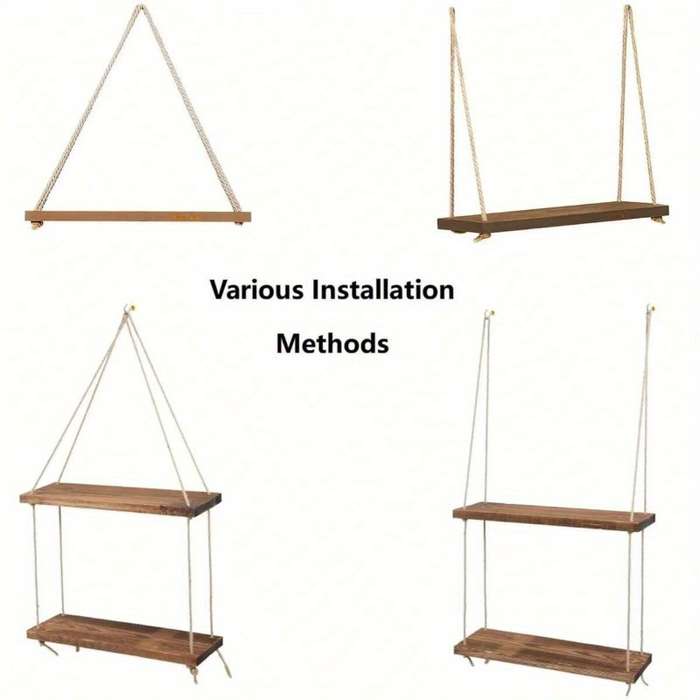 1pc Wooden Swing Hanging Hemp Rope Wall Shelve Mounted Floating Home Living Room Plant Flower Pot Tr