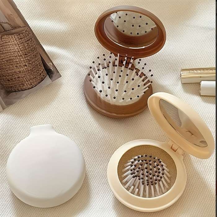 1pc Mini Portable Travel Hairbrush With Mirror