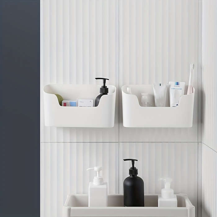 2pcs Punch-Free Wall-Mounted Plastic Storage Bins for Kitchen Bathroom