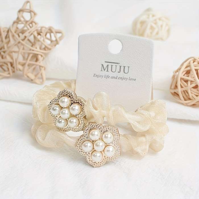 Elegant 2pcs Set Faux Pearl & Mesh Hair Ties
