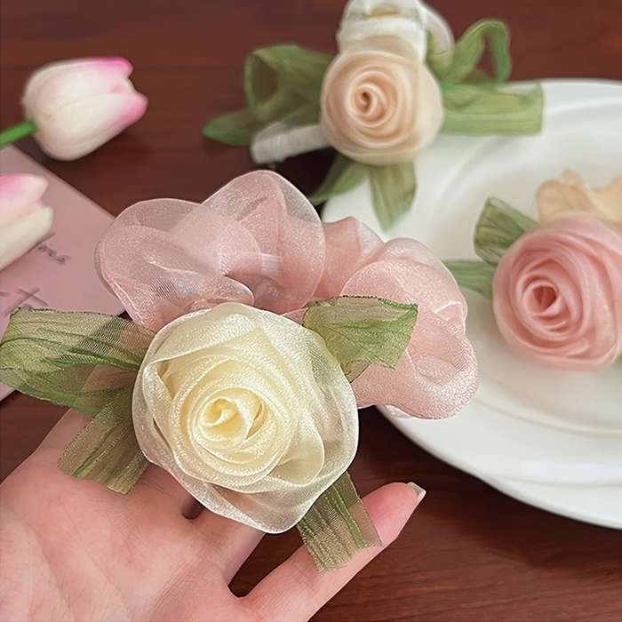 Elegant Mesh Rose Flower Hair Ties Set