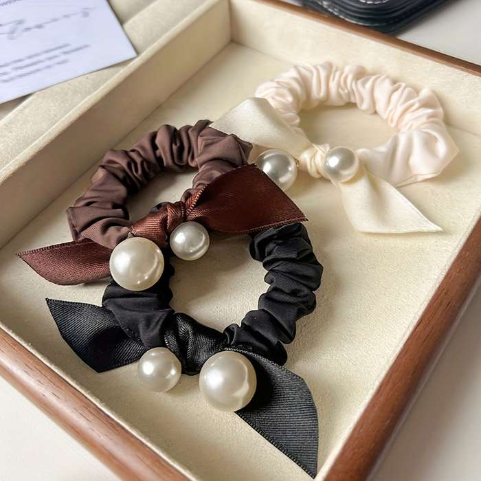 Elegant Pearl Bow Hair Tie Set