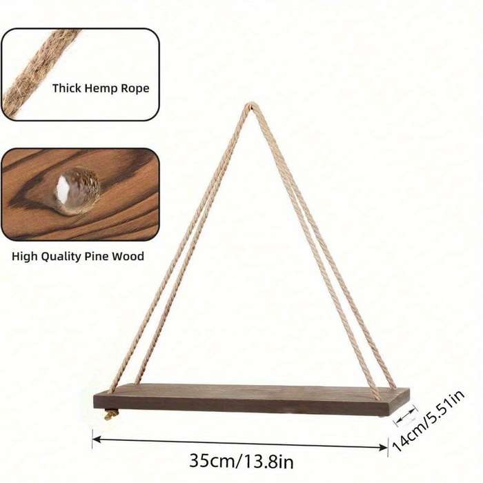 1pc Wooden Swing Hanging Hemp Rope Wall Shelve Mounted Floating Home Living Room Plant Flower Pot Tr