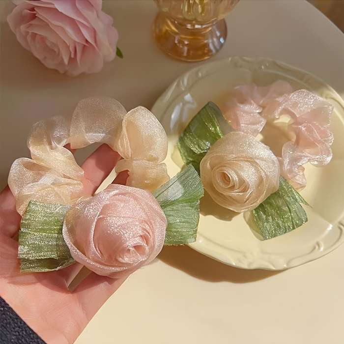 Elegant Mesh Rose Flower Hair Ties Set