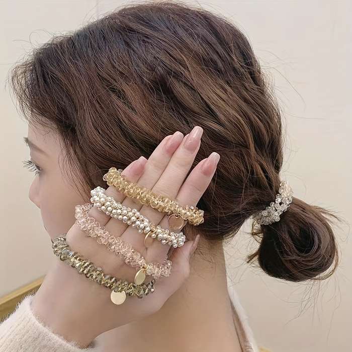 Elegant 4pcs Set of Faux Pearl And Crystal Hair Ties
