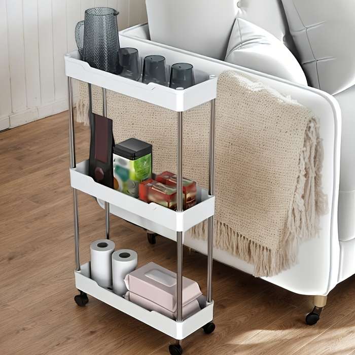 Sleek White Multi-Tier Rolling Storage Cart with Adjustable Shelves