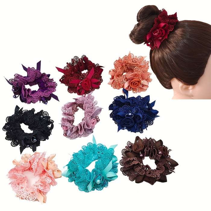 Vintage Lace Scrunchies Flower Beads Decor Hair
