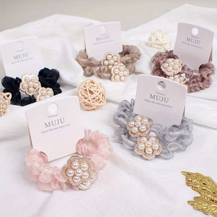 Elegant 2pcs Set Faux Pearl & Mesh Hair Ties