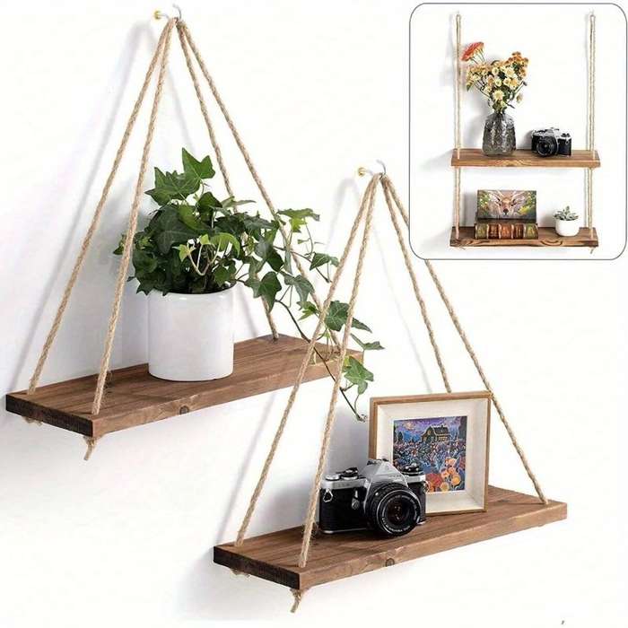 1pc Wooden Swing Hanging Hemp Rope Wall Shelve Mounted Floating Home Living Room Plant Flower Pot Tr