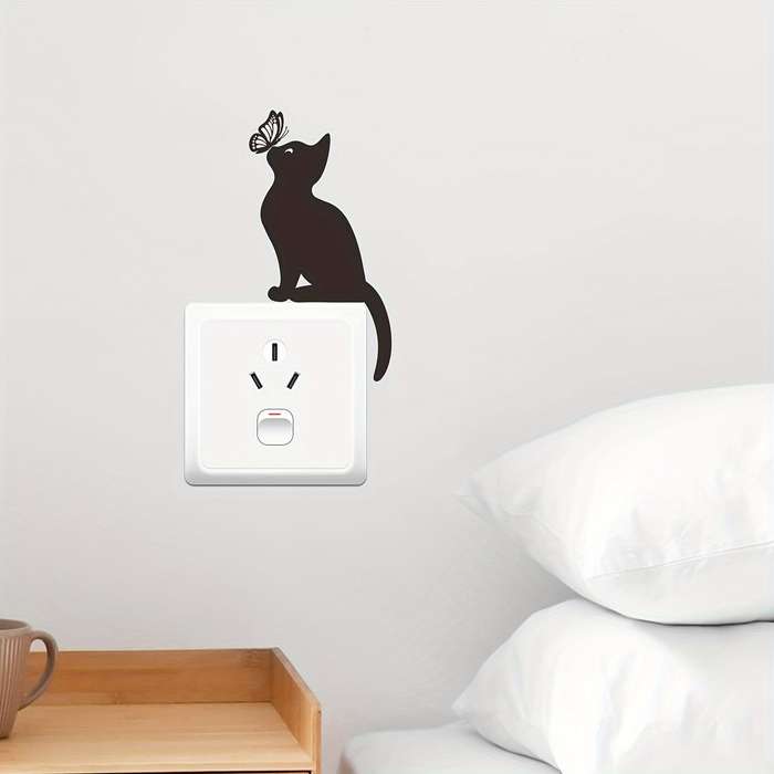 1pc Adorable Cat & Butterfly Vinyl Wall Sticker - Removable, Waterproof, Perfect for Light for Switc