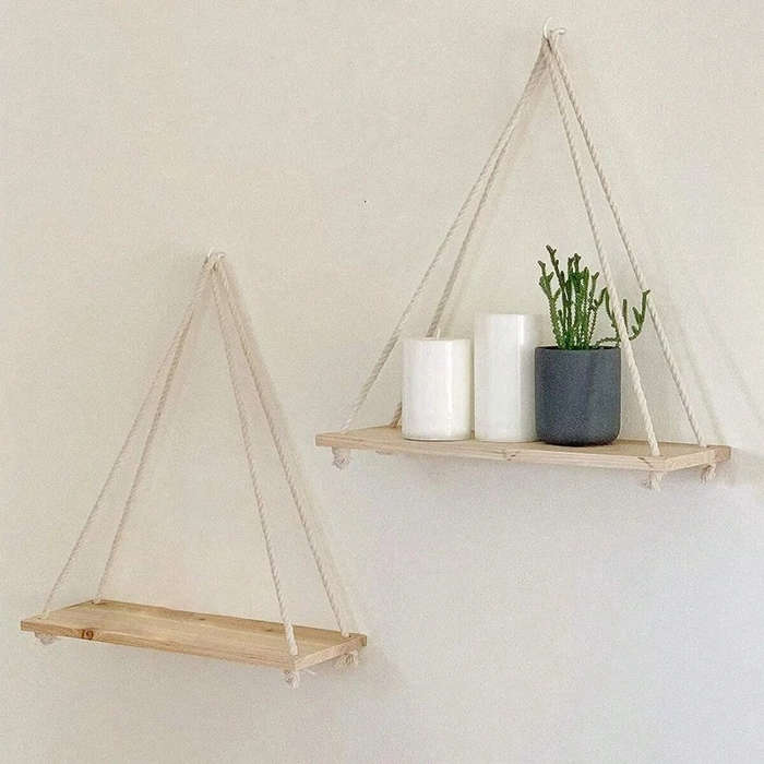 1pc Wooden Swing Hanging Hemp Rope Wall Shelve Mounted Floating Home Living Room Plant Flower Pot Tr