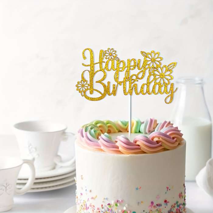 Elegant Golden Flower Daisy Birthday Cake Topper