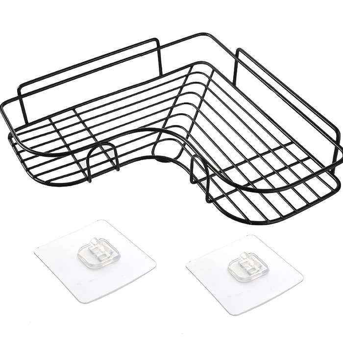 1pc No-Drill Black Metal Corner Shelf