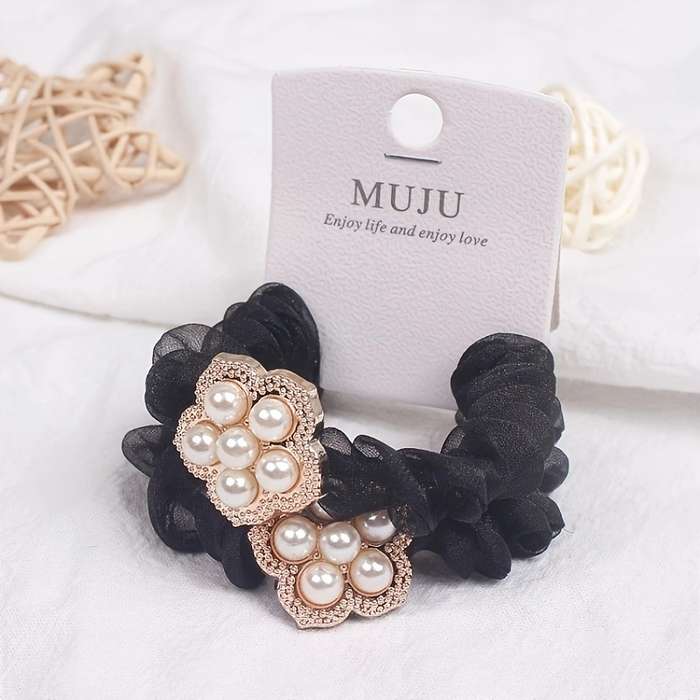 Elegant 2pcs Set Faux Pearl & Mesh Hair Ties
