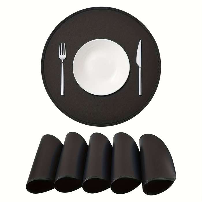 6pcs Set of Black Round and Oval Faux Leather Table Mats