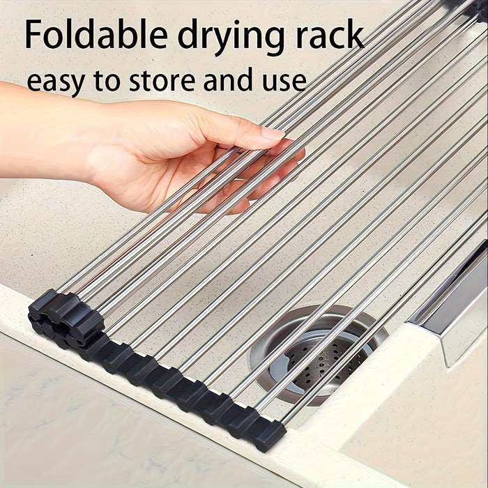1pc Deluxe Stainless Steel Roll-Up Dish Drying Rack