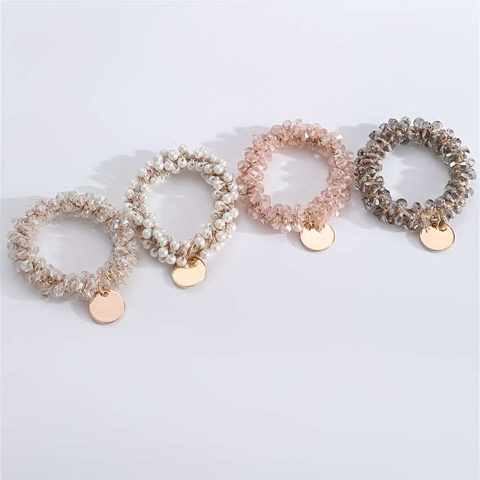 Elegant 4pcs Set of Faux Pearl And Crystal Hair Ties