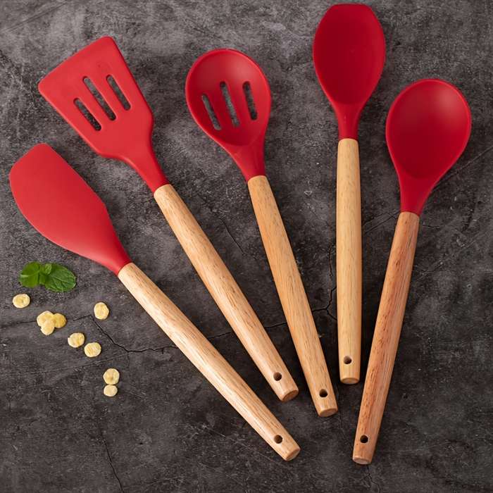 5pcs Silicone Kitchen Utensil Set with Wooden Handles