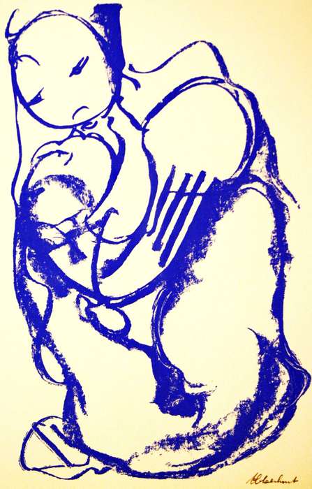 FRANS CLAERHOUT. BLOU MOEDER EN KIND. A3. Hand printed silkscreen. limited ed. Signed.