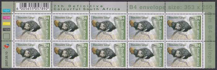 SOUTH AFRICA 2000 7th Definitive B4 control top of sheet dated 2007.08.10 (SACC 1837, MNH)