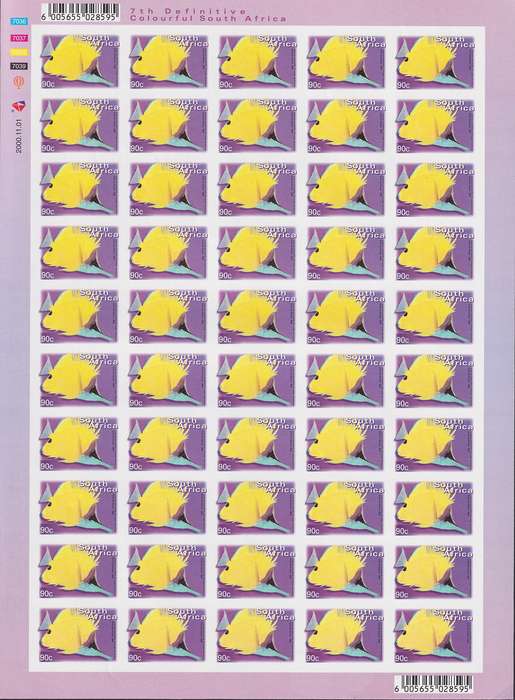 SOUTH AFRICA 7th Definitive rare imperforate full sheet of 90c dated 2000.11.01 (MNH)