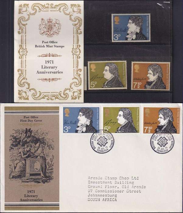 GB 1971 Literary Anniversaries presentation pack no. 32 and FDC