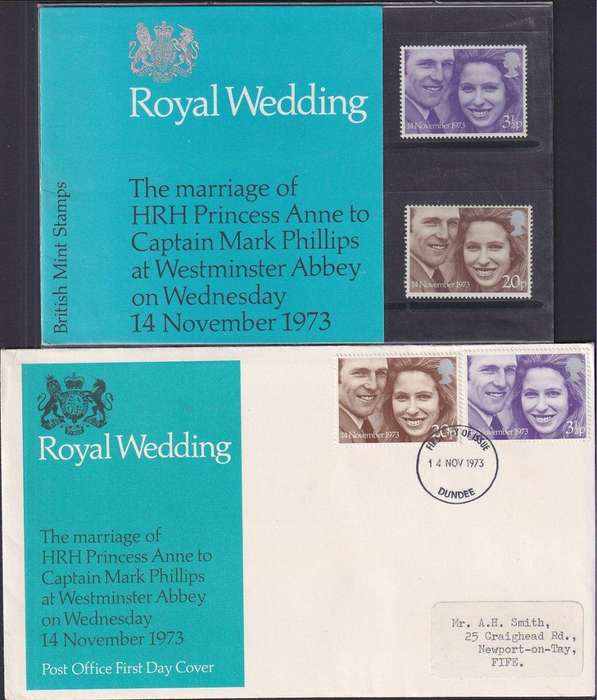 GB 1973 Royal Wedding presentation pack no. 56 and FDC with unlisted DUNDEE cancellation