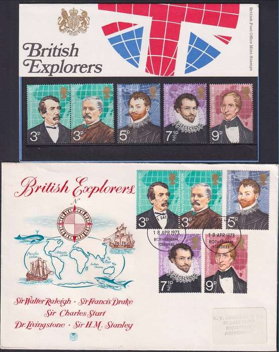GB 1973 British Explorers presentation pack no. 50 and FDC by Stuart