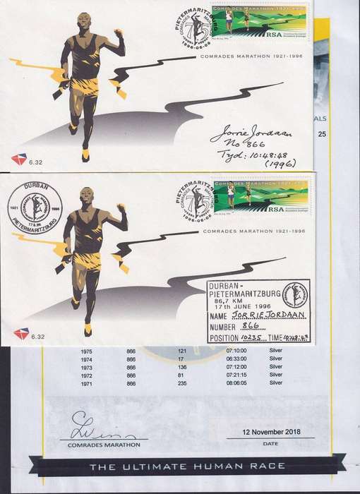 RSA 1996 Comrades Marathon FDC 6.32 issued to runner with 25 completed races medals
