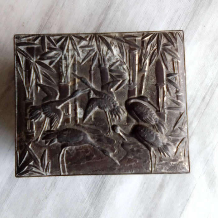 Vintage, Crane Cigarette Box- Lidded, Metal Box with Embossed Design- Wood Lined- Cranes ect