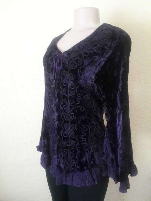 DARK PURPLE VELVET AND EMBROIDED THROW OVER TOP AS NEW - SIZE M