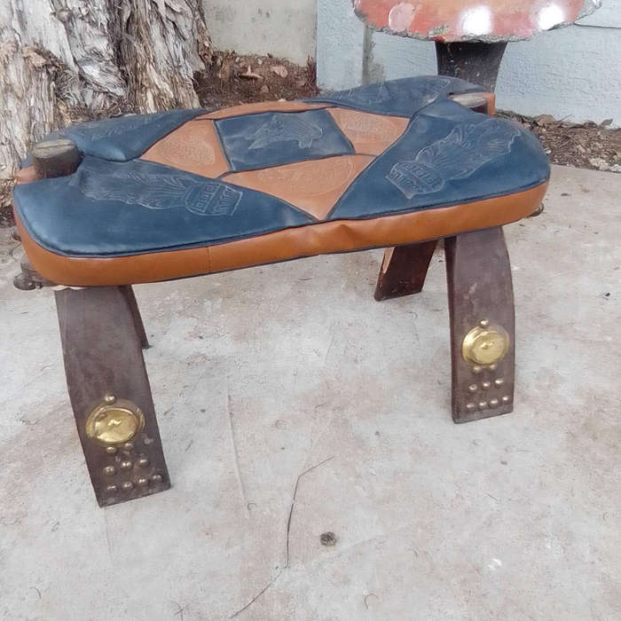 VINTAGE CAMEL SADDLE FOOT STOOL WOOD/SINEW BIND AND COPPER INLAYS AFTER 1950'S