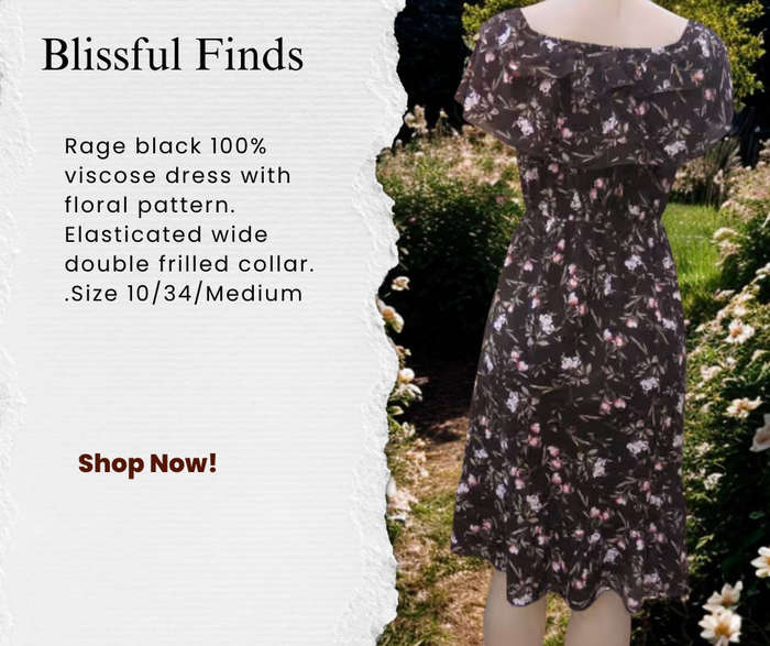 Rage black 100% viscose dress with floral pattern. Elasticated wide double frilled collar.