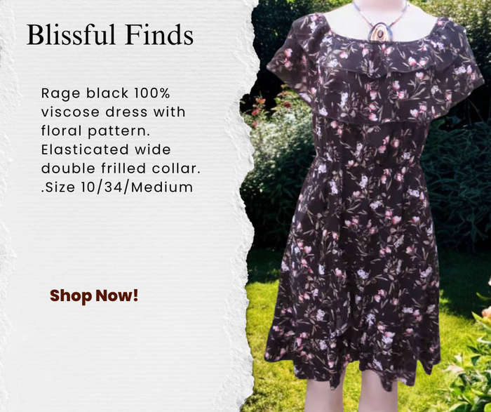 Rage black 100% viscose dress with floral pattern. Elasticated wide double frilled collar.
