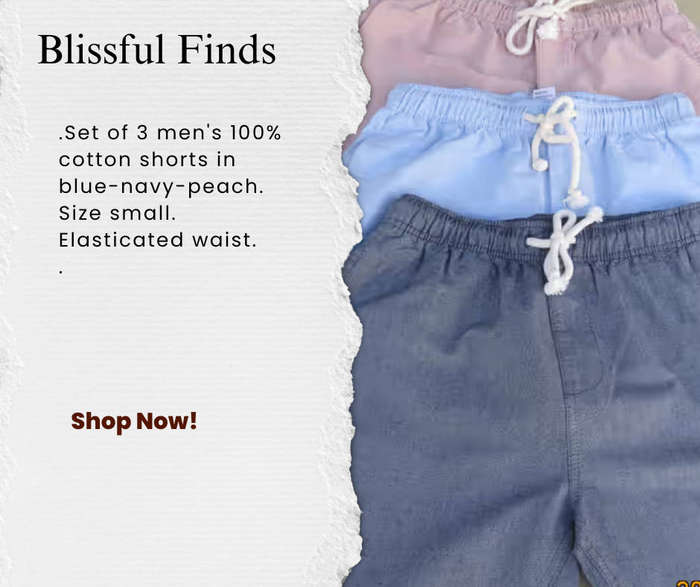 Set of 3 men's 100% cotton shorts in blue-navy-peach. Size small. Elasticated waist.