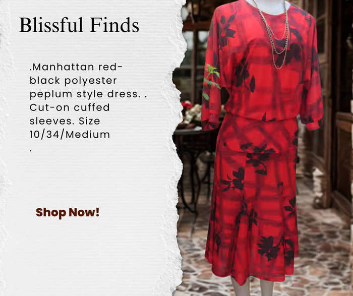 Manhattan red-black polyester peplum style dress. Cut-on cuffed sleeves.