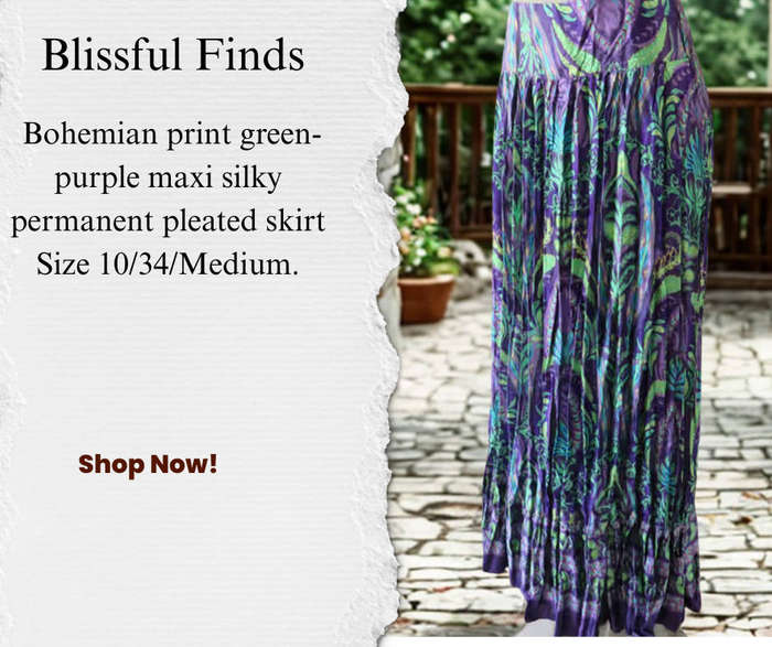 Bohemian print green-purple maxi silky permanent pleated skirt.