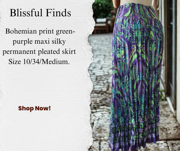 Bohemian print green-purple maxi silky permanent pleated skirt.