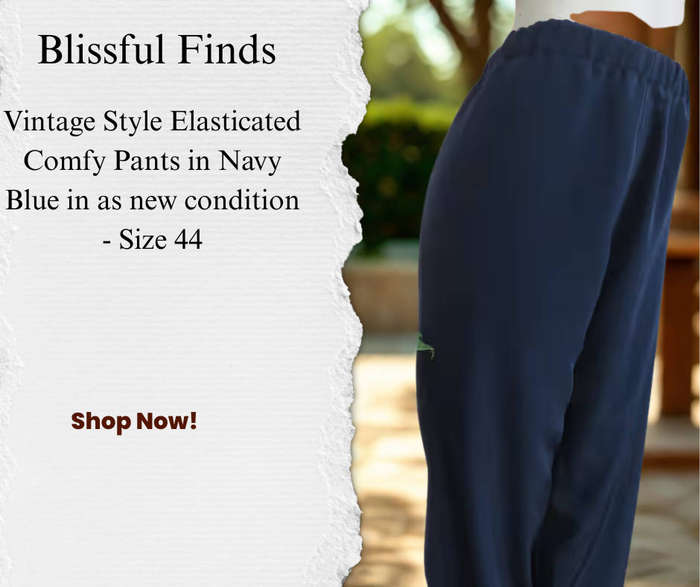 Comfy navy silky polyester home made pants. Tapered legs & elasticted waist