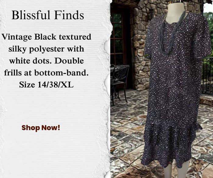 Vintage Black textured silky polyester with white dots dress. Double frills at bottom-band.