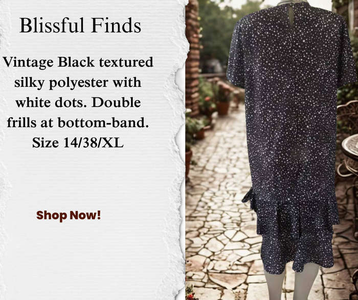 Vintage Black textured silky polyester with white dots dress. Double frills at bottom-band.