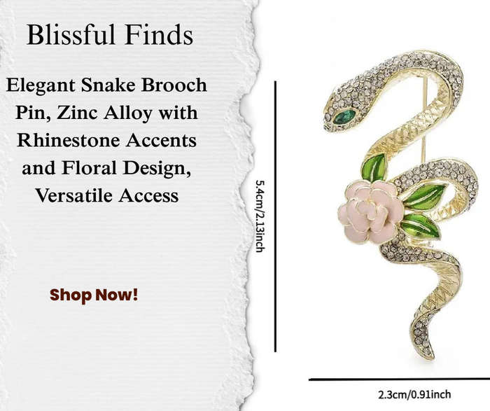 Elegant Snake Brooch Pin, Zinc Alloy with Rhinestone Accents and Floral Design Gold Toned.