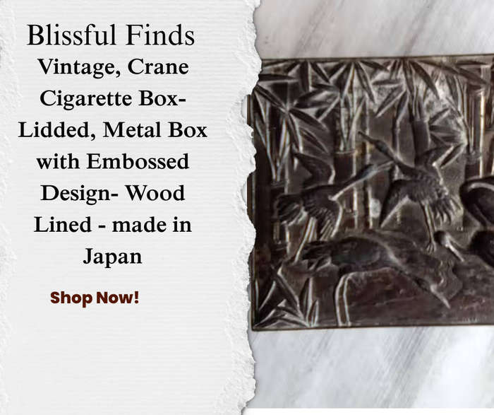 Vintage, Crane Cigarette Box- Lidded, Metal Box with Embossed Design- Wood Lined- Cranes, ect.