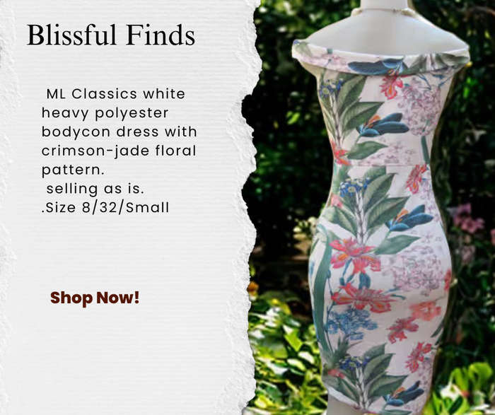 ML Classics white heavy polyester bodycon dress with crimson-jade floral pattern.