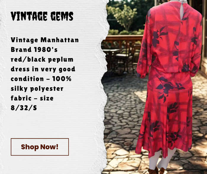 VINTAGE MANHATTAN BRAND - RED/BLACK 100% SILKY POLYESTER PEPLUM STYLE DRESS